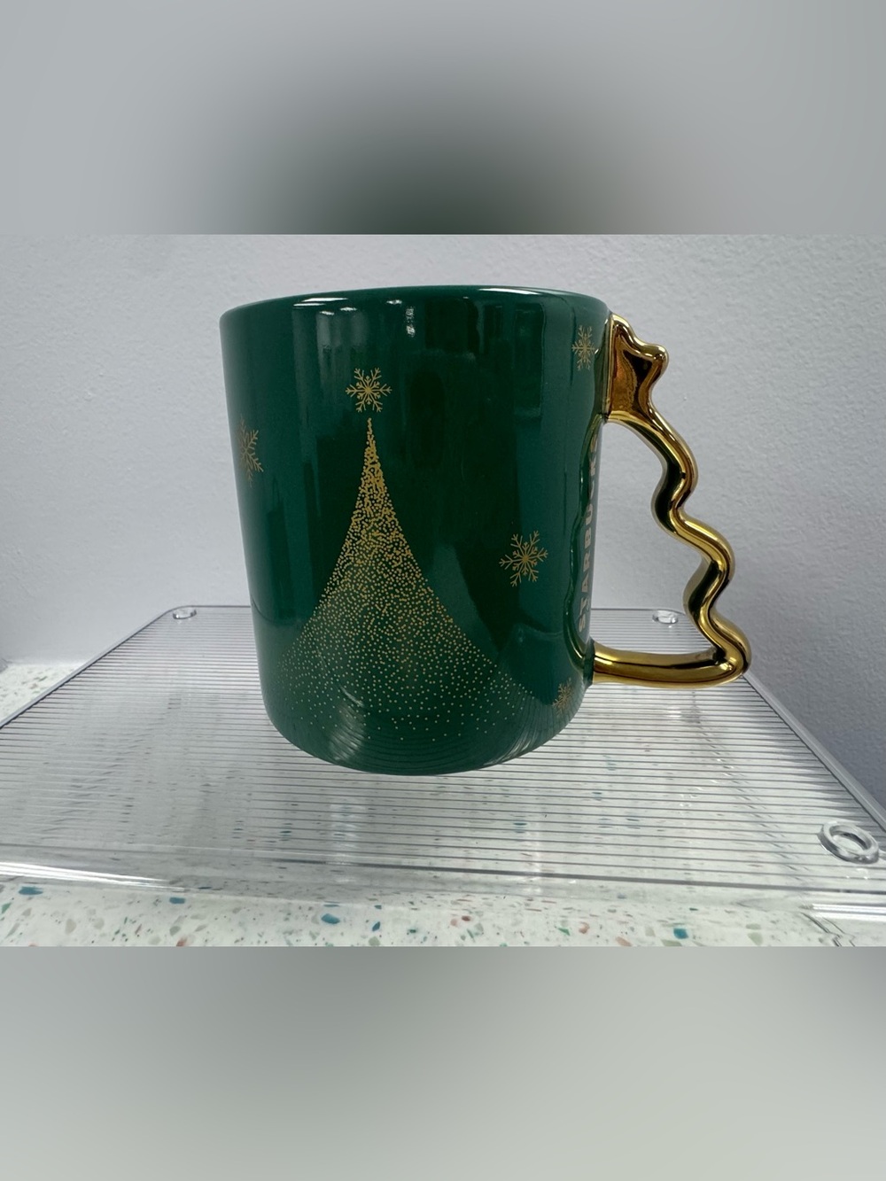 Starbucks Christmas Tree Handle Ceramic Mug Green & Gold